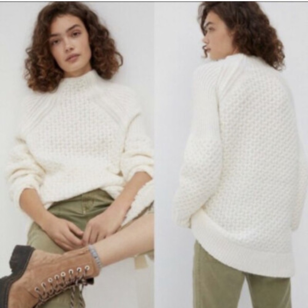 Anthropologie Bia Cream Mock Neck textured balloon sleeve sweater women size M